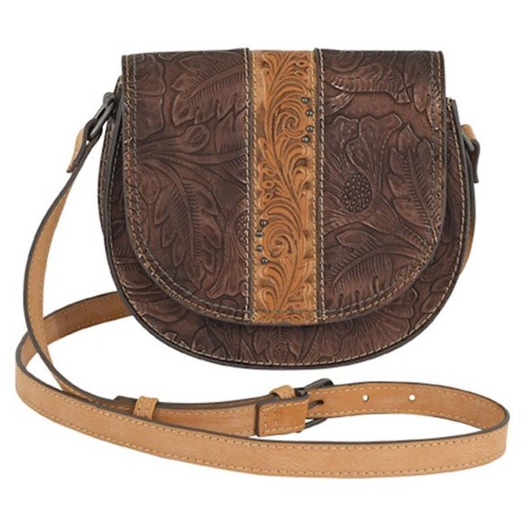 Tony Lama Handbags - NWT Tony Lama Bronzed Floral Tooled Crossbody Saddle Bag - Brown RETIRED STYLE!